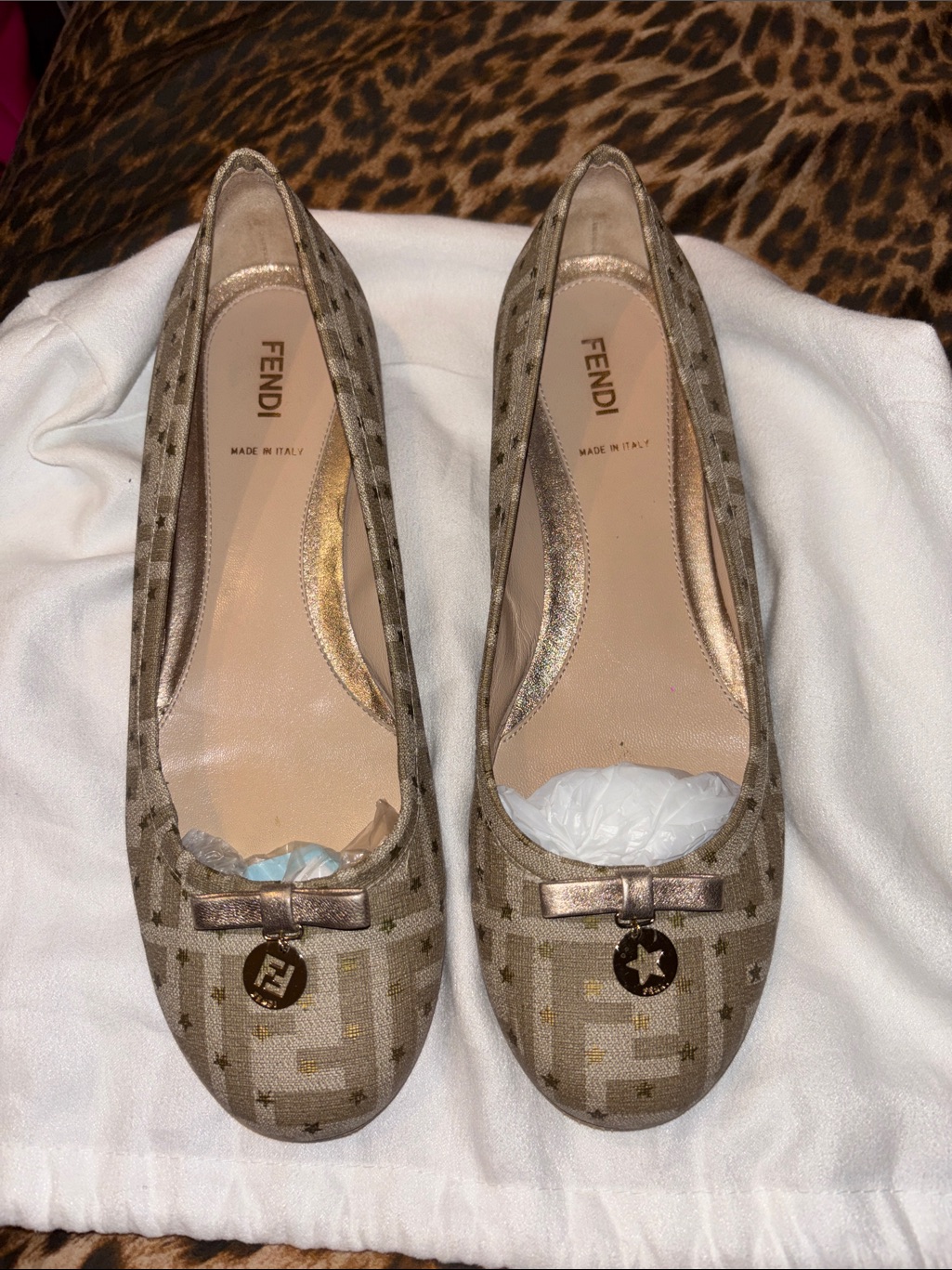 Fendi Beige Monogram Ballet Flats With Metallic Bow Charm Size 39.5